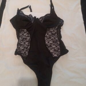 Charlotte Russe Dainty Sheer Mesh & Lace Bodysuit Black S